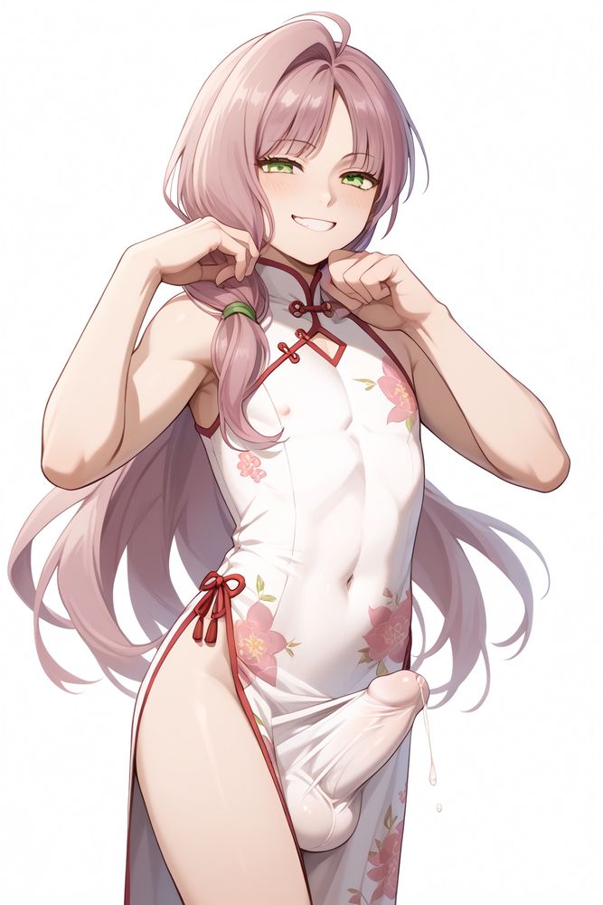 Kokoro_Hanabusa,Pink hair,Long hair,Green eyes, femboy, naked,sexy china dress, side slit,erection under clothes, giant bulge, penis outline, precum, smug look, smiling, sexy pose