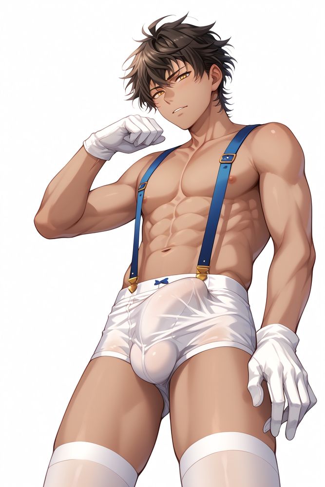 Akira_Mitsurugi,Dark skin,Dark brown hair,Golden eyes, looking at viewer, naked, briefs, suspenders, white stockings, white gloves,erection under clothes, giant bulge, bottom view