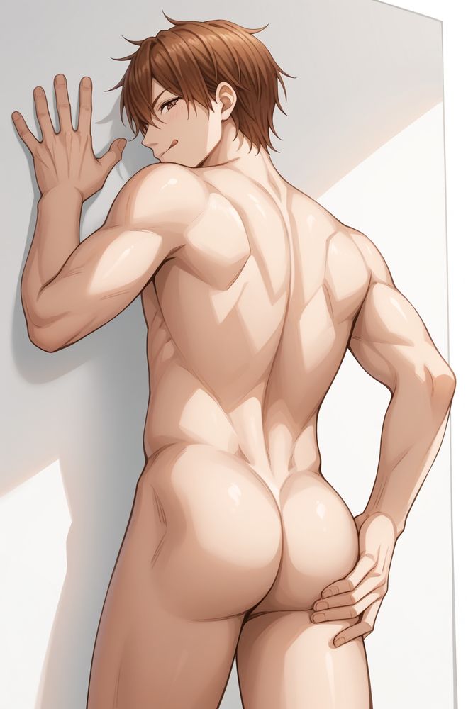 Sora_Ohara,Brown hair,Brown eyes, naked, back view, bottom view, leaning against wall, bubble butt, hand on ass, licking lips