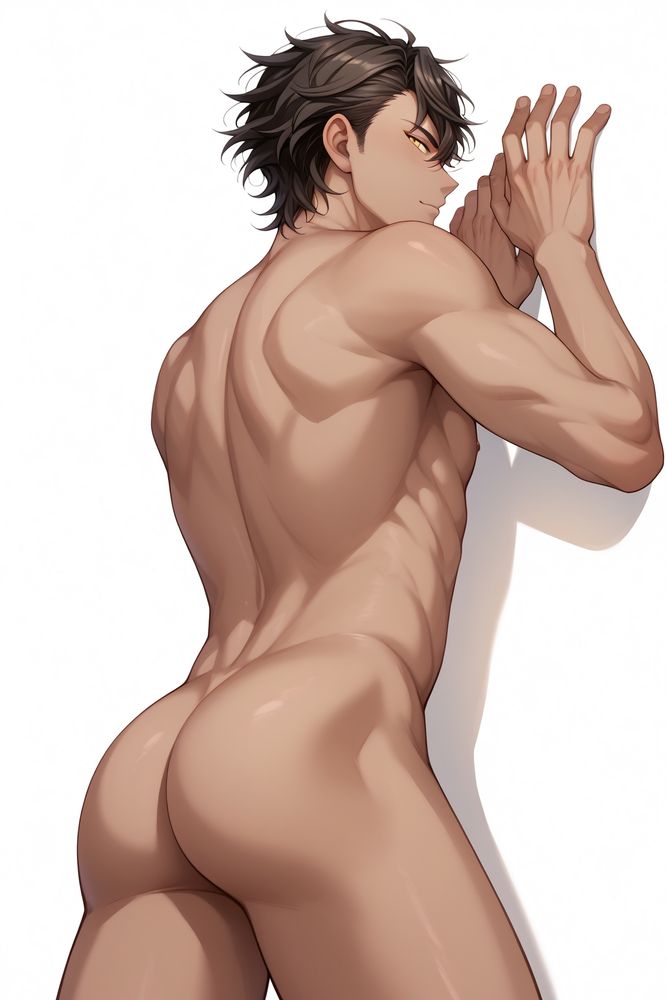 Akira_Mitsurugi,Dark skin,Dark brown hair,Golden eyes, naked, bottom view, back view, bubble butt, loking at viewer, arched back, leaning against wall