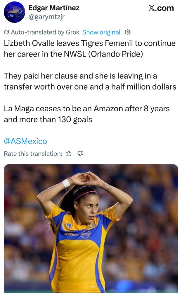 Edgar Martinez’s tweet that says Lizbeth Ovalle is going to the Orlando Pride in a $1.5 million transfer 
