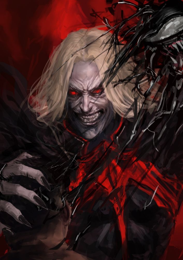 Knull from Marvel Comics stripping someone of their symbiote. Art by Jin Gu Kang on Artstation.