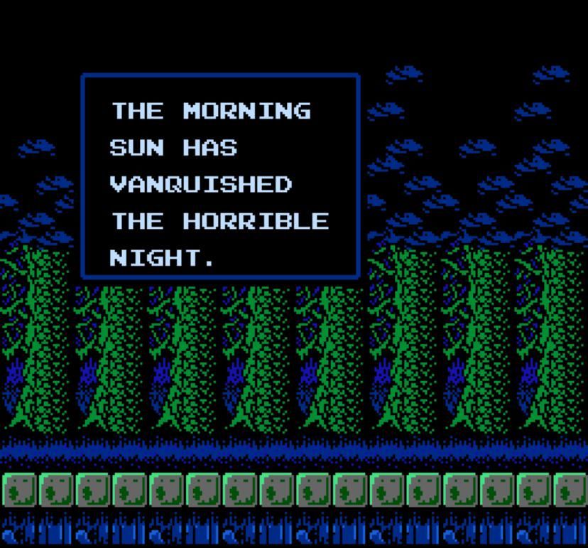 A screenshot from Castlevania 2: The morning sun has vanquished the horrible night.