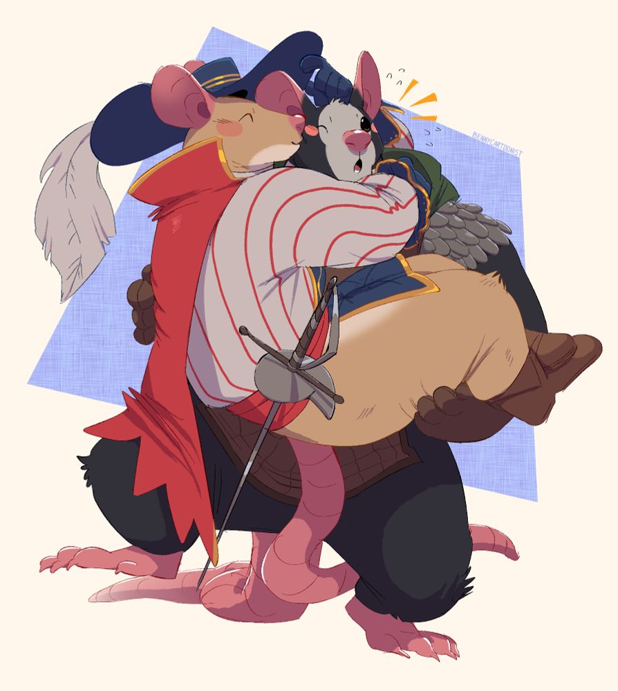 A black mouse with white on his face is bridal carrying a golden mouse in a "musketeers" outfit. The golden mouse is planting a kiss on the cheek of the black mouse, who is surprised and blushing.