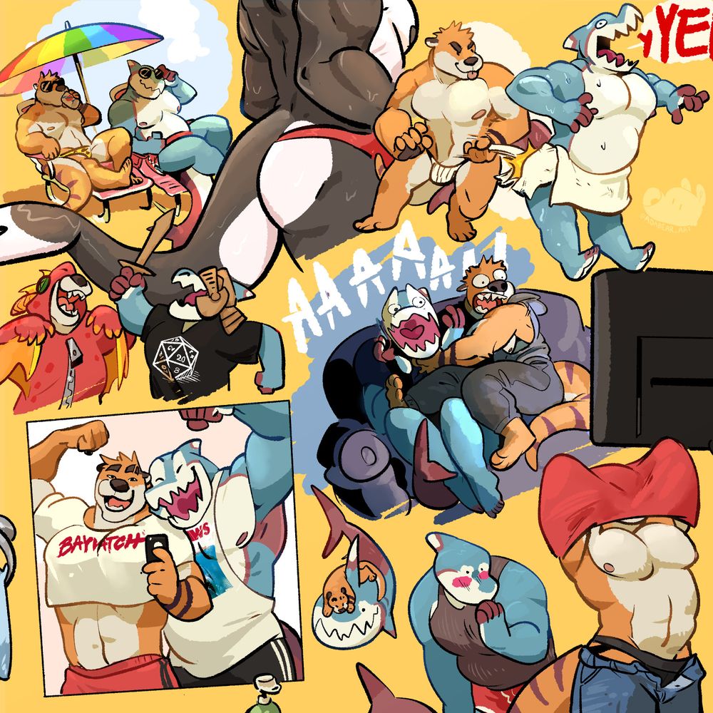 A sketch page of a shark and an otter getting up to shenanigans. They watch scary movies, play DnD, take selfies, look at boys at the beach, and flick towels at each other.