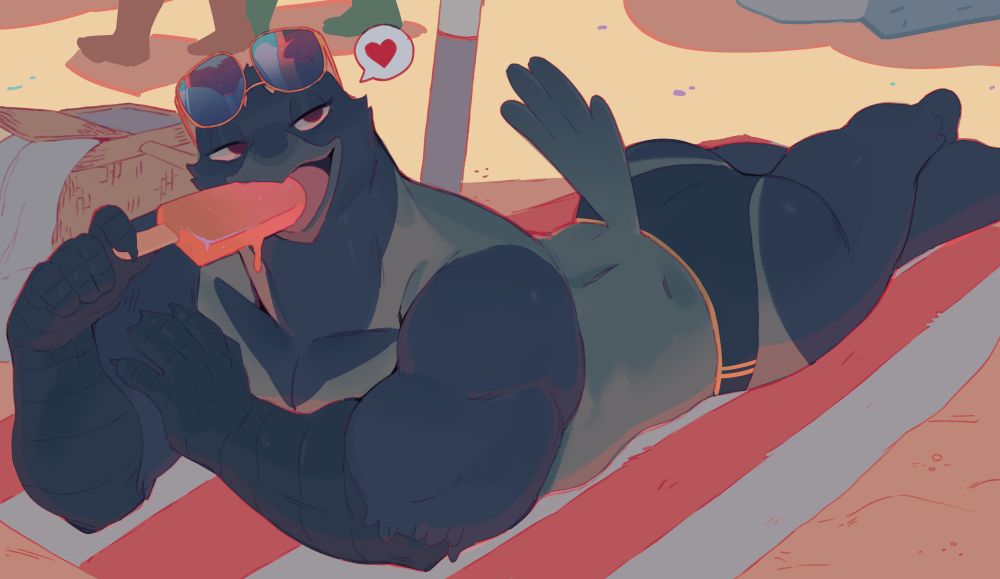 A hooded crow laying on his stomach on a beach towel, wearing only a speedo and sunglasses. He is licking a popsicle and looking offscreen, his sunglasses reflecting the crotches of the men he's looking at.