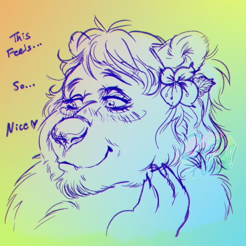 An example of an ursine furry OC headshot sketch, they look to the side with a gentle expression, smiling at their newfound appreciation for a different style of gender expression. Their paw gently touches at their cheek. The background is a gentle gradient, and they are given a color fill to make the OC stick out a little (this type of background would not cost extra)