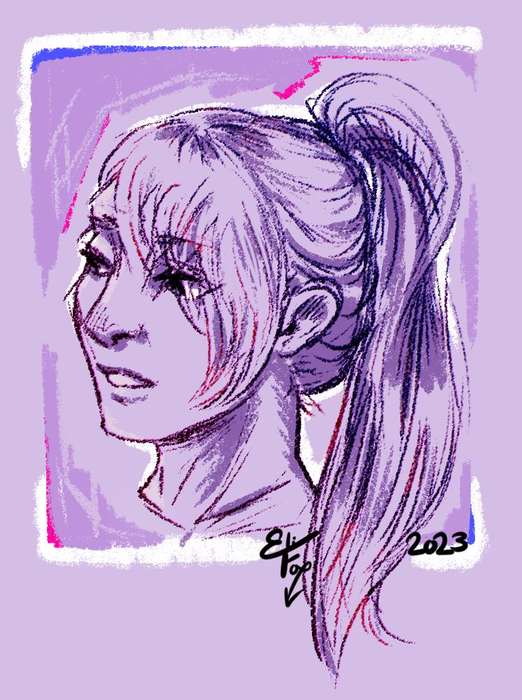 A headshot example of a humanoid OC. He looks to the side with mouth open and gentle eyes. This example includes shading as an extra add-on. The background is minimal and something like this would not cost extra.