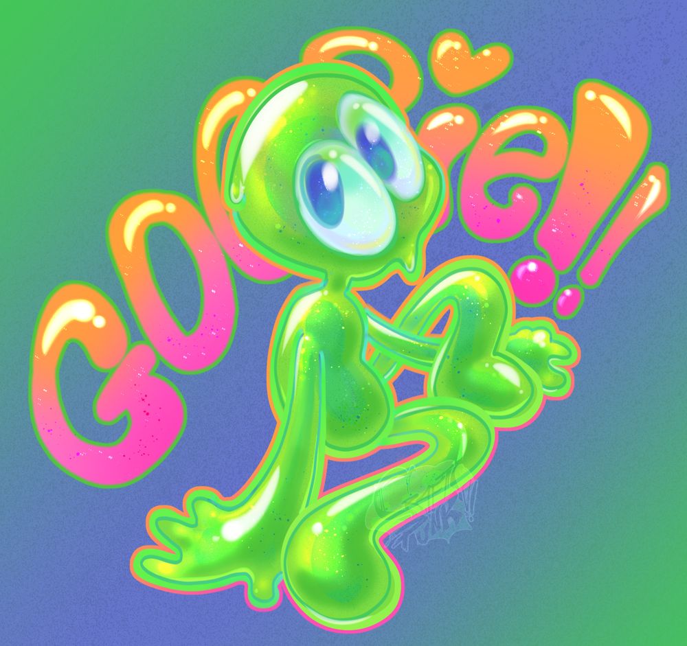 Slime OC in a sitting pose with one leg up, with her arm looped underneath. She looks at the view with big reflective eyes as a bright light source shines from the top left, showing her goopy Goopie texture. Bright and rounded typography in the backdrop says her name, "Goopie (But spelled with an emphasis on the 'GOOP')" with the middle letters obstructed partially by her head.