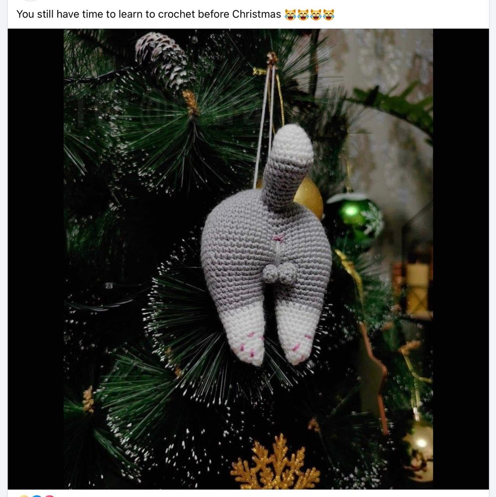 Text: You still have time to learn to crochet before Christmas
Bild: En virkad kattrumpa hänger i granen. Den har pung och anus och allt. Några cm stor, som en pumpa ungefär, plus svans.