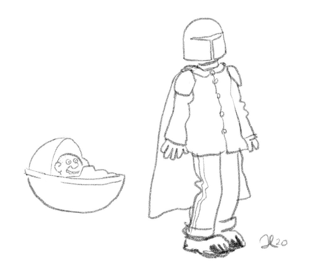 Blyertsteckning av The Mandalorian, fast han är 91 Karlsson (Han har Mandalorian-hjälm och mantel, men är för övrigt 91:an, ritad i Egerbrandt-stil). Bredvid honom svävar Grogus lilla barnvagn/farkost. Huvudet som sticker upp är 87:an.