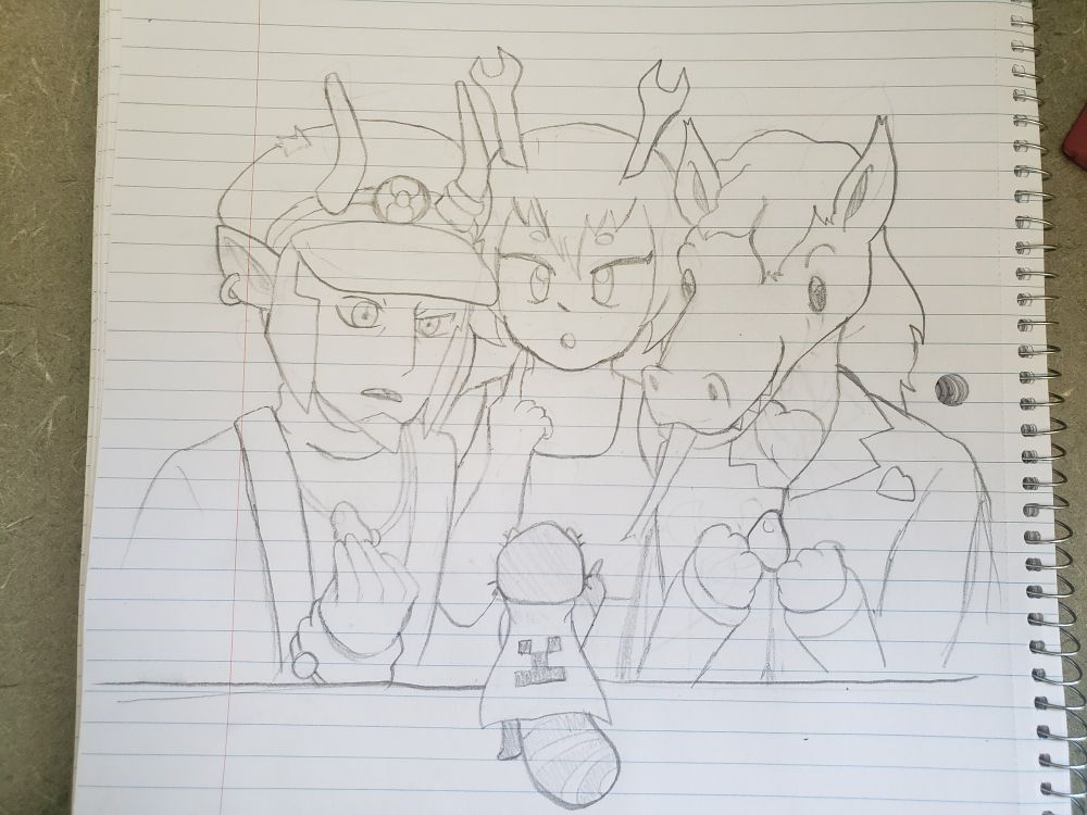 Balloon SMP sketch, an angry, tiny and shrunken Gibson/padabana on a table points at the three people who regularly use the Elfstones to change Gibson's size. From left to right, Gibson points at the half-elf Rusty/Warden Ingo, the creator of the elves, Zora Morphimus, and the recently hatched elf, Serpy/Chefmaeda. Rusty holds the Elfstones close to his chest confused, Zora is perplexed by the situation, and Serpy holds Elfstones with two stubby hands, happy as can be, sticking their tongue out forward 