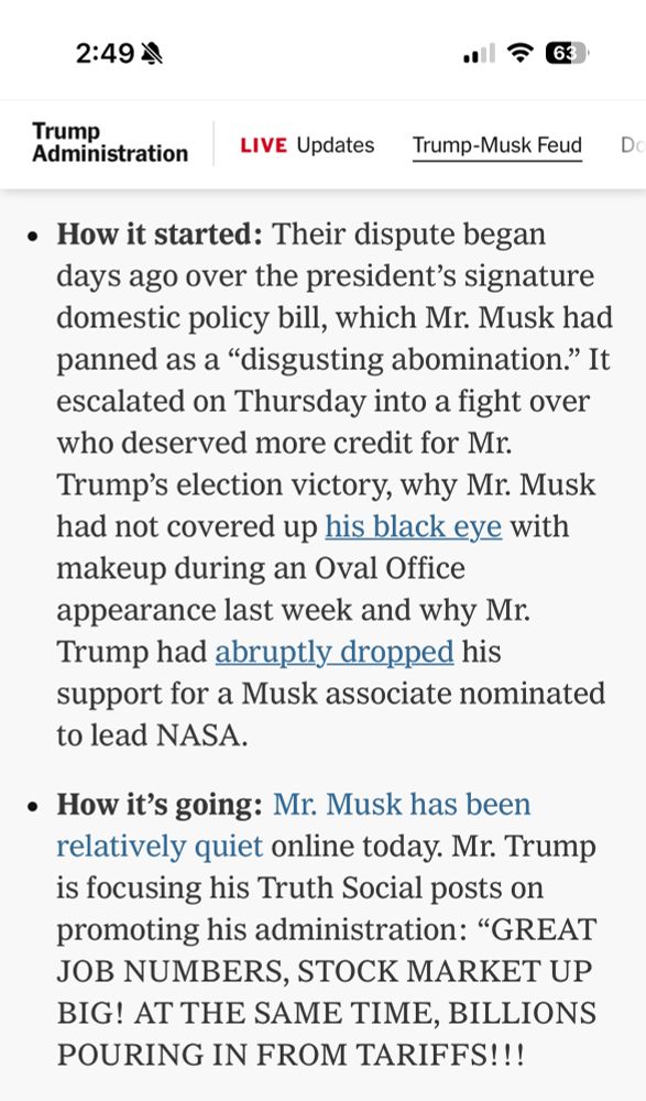 Screenshot of the New York Times showing bullet points for “how it started” and “how it’s going” in reference to a feud between Donald Trump and Elon Musk