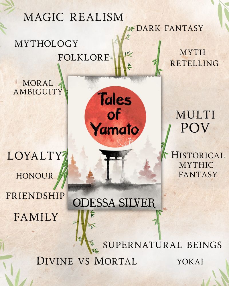 Image with a book cover featuring a white background, red sun with the black title of Tales of Yamato, and a black torii gate fading. The cover also has greys in an ink wash to show ground, as well as red and orange trees in a watercolour style.

Surrounding the cover are words to describe tropes found in the book; Magic Realism, Mythology, Folklore, Moral Ambiguity, Dark Fantasy, Myth Retelling, Multi POV, Historical Mythic Fantasy, Supernatural Beings, Yokai, Divine vs Mortal, Family, Friendship, Honour, and Loyalty