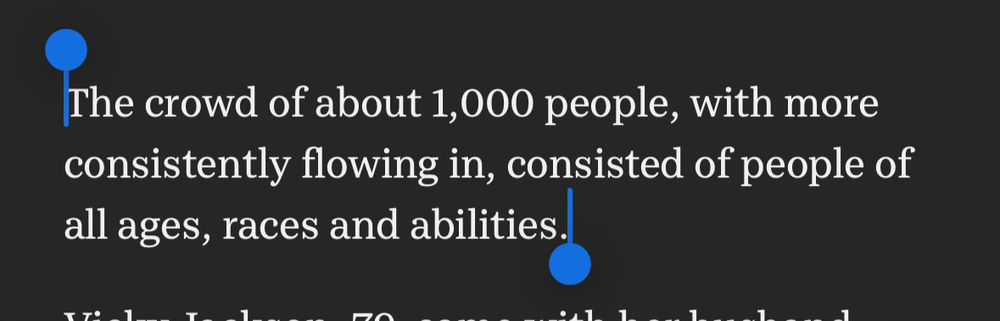 A paragraph from the same story 

“The crowd of about 1,000 people, with more consistently flowing in, consisted of people of all ages, races and abilities.”