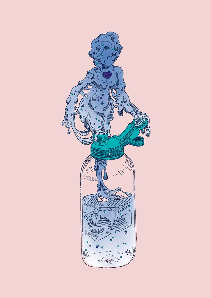 A pen and ink drawing of a slime girl coloured in a gradient of blue with a purple crystal heart against a pink background. She has little aqua and purple orbs scattered throughout her body's mass. She is squeezing herself through the opening of a transparent waterbottle with a teal fliptop, but whether she is going in or out isn't entirely clear.