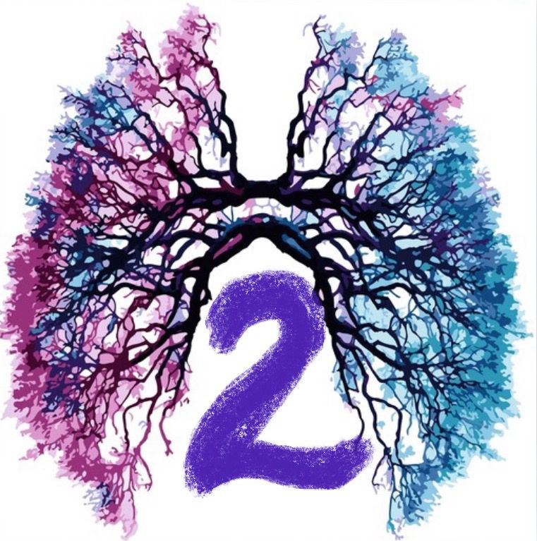 künstlerische Darstellung von Lungenflügeln, die wie zwei farblich unterschiedliche Baumlandschaften gestaltet sind. Unter den beiden Hälften, schwebt eine große, lilafarbene Zahl „2“,