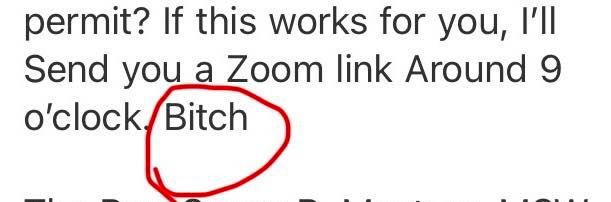 Screen shot of a text message with the word Bitch circled in red 