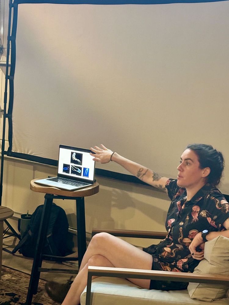 Myself sitting on a chair pointing at a laptop on a stool featuring various box jellyfish, against a tan brown background. 