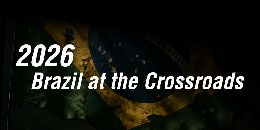 Partially damaged and darkened Brazilian flag illuminated by a beam of light in the midst of darkness, with the text “The Challenge of 2026” centered in white. The image symbolizes a tense and urgent democratic atmosphere, evoking the nation’s uncertain future.