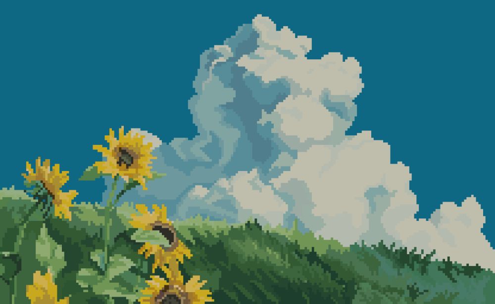 A pixel art redraw of a scene from the Ghibli movie 'My Neighbor Totoro.' It's a landscape featuring a group of sunflowers in the foreground, and hills and a vast blue sky with large white clouds in the background. 