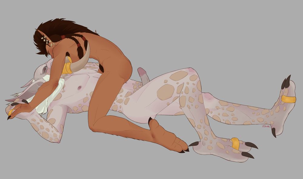 A farraki woman is sitting on top of zul the prophet, a zandalari man, as she is leaning over him to kiss him. She has his hands pinned under hers, as he is lying on the ground. One of his legs is angled, the other one stretched out. They are both nude, except for some jewelry, and he is visibly aroused. His skin is very light with beige scales, and hers is tanned.