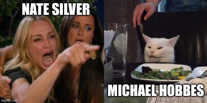 "Woman yelling at cat meme"

Nate Silver is the woman yelling

Michael Hobbes is the cat hissing