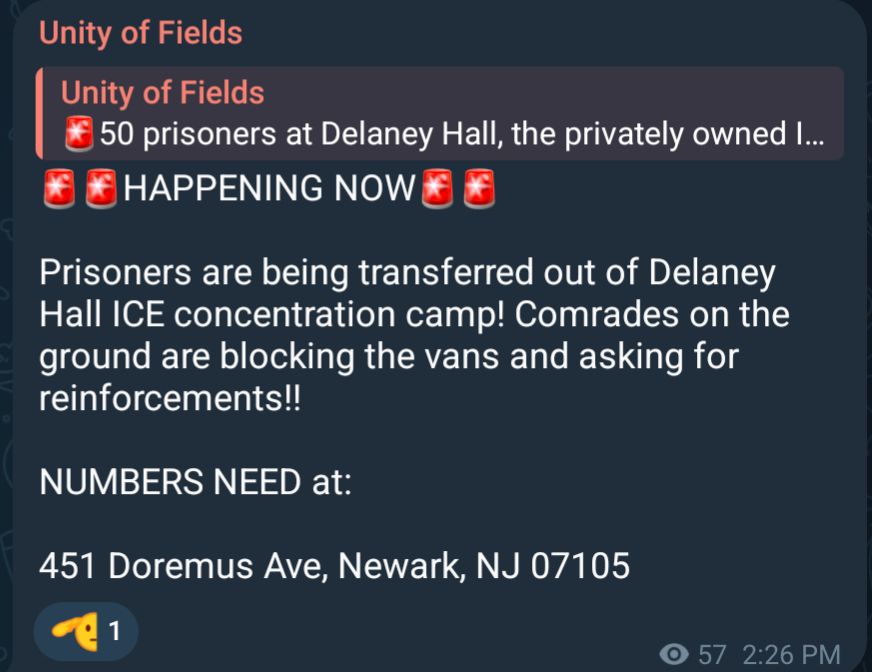 unity of fields.

Happening now
Prisoners are being transferred out of Delaney hall ICE concentration camp! Comrades on ground are blocking the vans and asking for reinforcements!! 

Numbers need at:

451 Doremus ave, newark NJ 07105