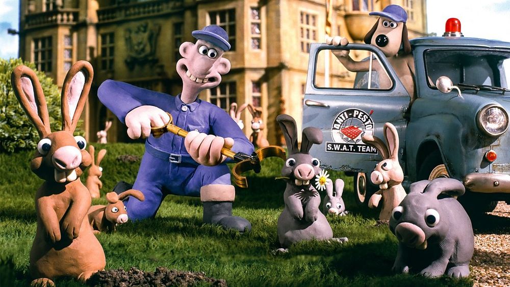 Still from The Curse of the Were-Rabbit. Wallace and Gromit are pest control experts working on a job to humanely rid a country estate garden of a horde of adorable chaotic bunnies.