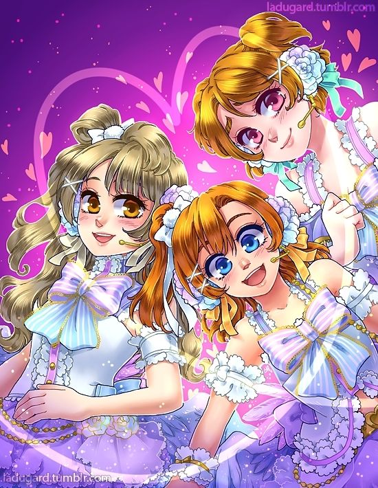 An illustration of the "Printemps" trio unit from Love Live.