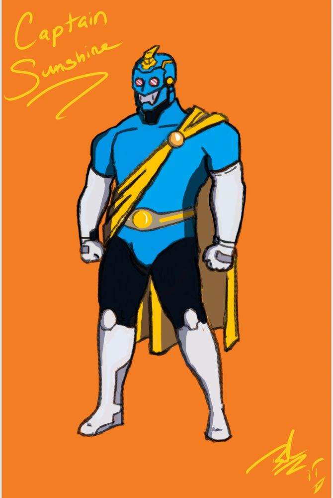A superhero designed after golden age comic book heroes and Japanese Tokusatsu Heroes.