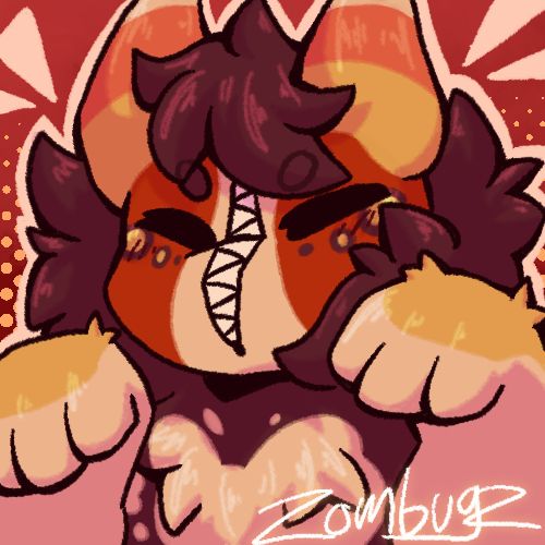 a fluffy creature with sharp teeth and horns colored like candy corn
Levi - he/they/it
designed by shrimbi on TH