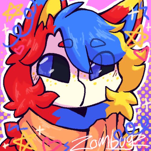 a creature with a fluffy red, blue, and yellow mane and an orange scarf
Cray - she/he
designed by Jinxbugz on TH