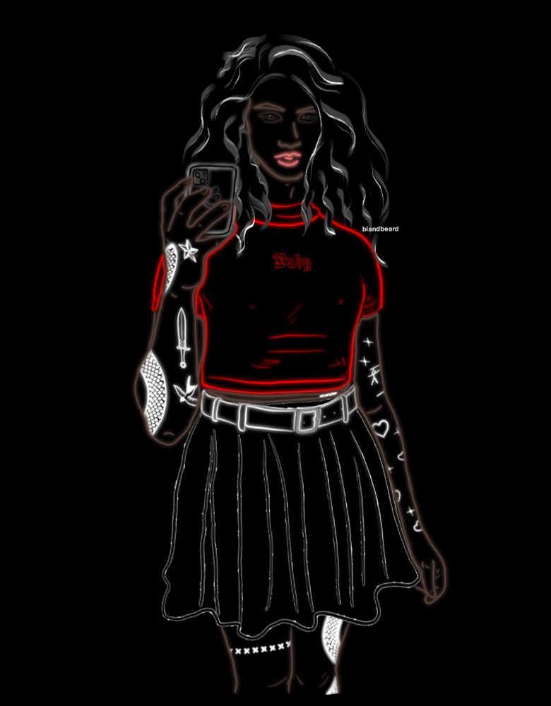 digital drawing of gender nonconforming ed teach from our flag means death. they are drawn on a black background. they have a black belted miniskirt on and a red crop top that reads "baby". they have (some of) their canon tattoos on their right arm and cutesy hearts and sparkles on the left. they have a band of x's across their right leg and the snake tattoo from their arm can be seen continuing down their leg, as well as a lil sneaky peek on their belly. 