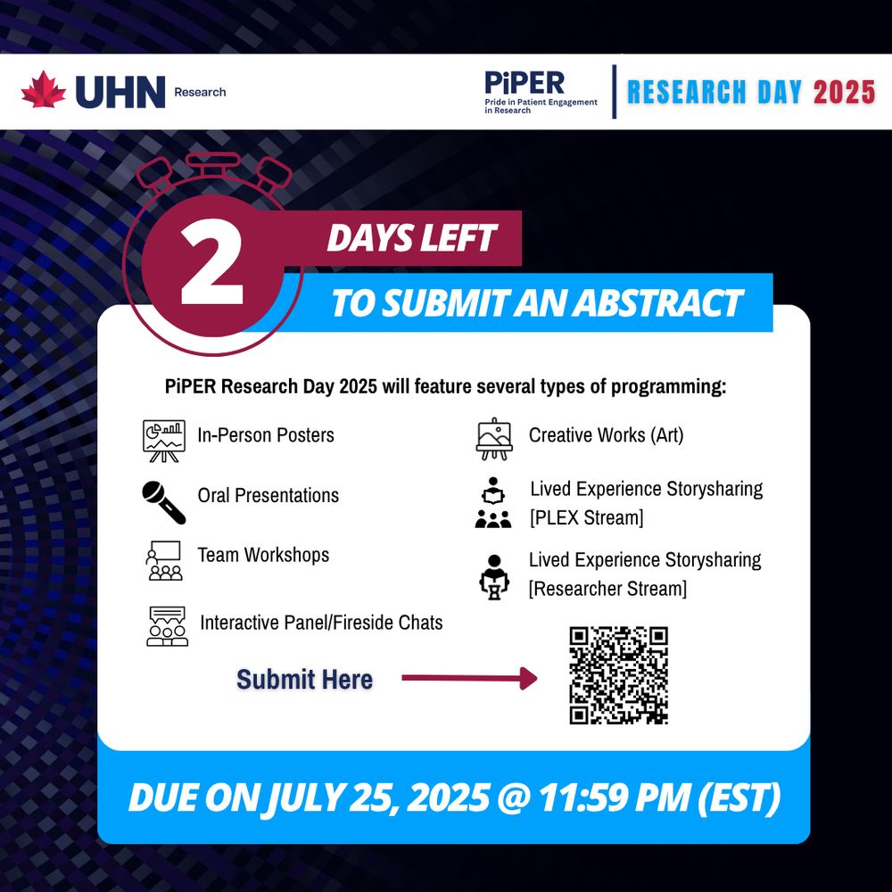 Only 2 days left to submit your abstract for PiPER Research Day 2025! Don’t miss your chance to contribute to a day focused on advancing authentic, equitable patient engagement in research. Submit your abstract here: https://lnkd.in/eKzW2dkr