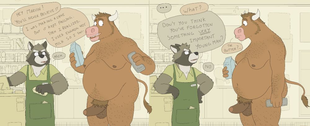 A cashier and a bull completely oblivious to his mistake.