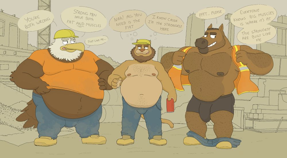 Three big chunky men undressing for you to prove a point.... they're all strong.