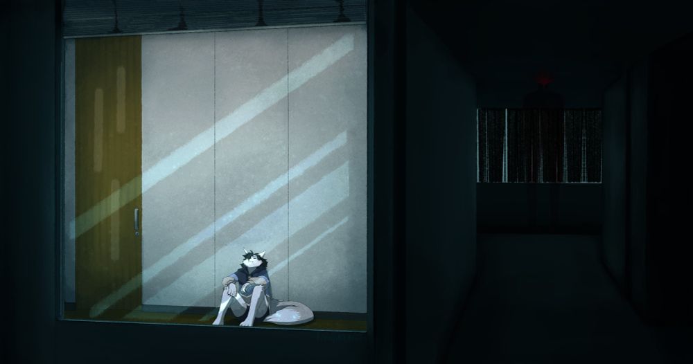 A cat sits in an empty room alone, unaware of the outside.