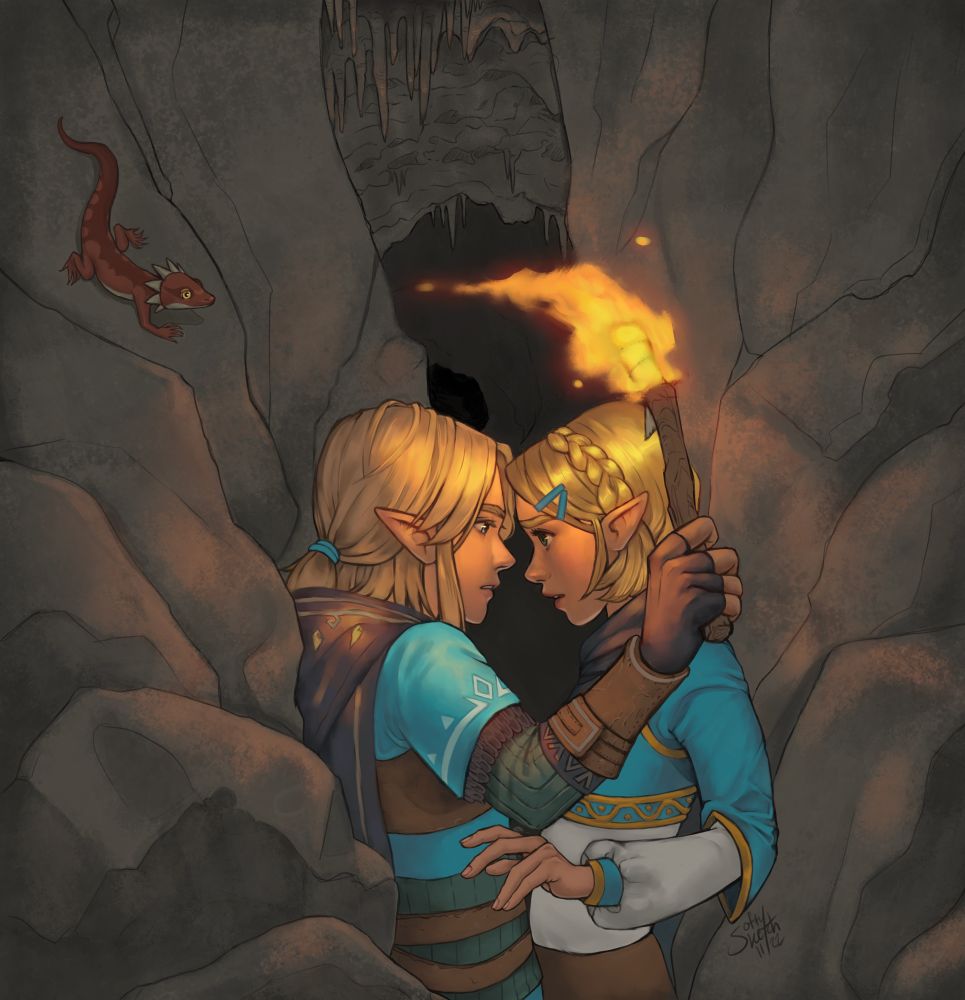 Digital artwork of Link and Zelda trying to squeeze through a tight space in a cave simultaneously and getting wedged in together. Zelda looks nervous, Link looks like he just noticed her eyes are green 