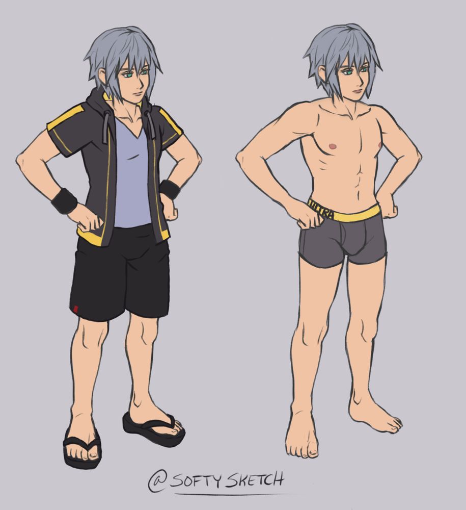 Riku, the princess. There are two images of him standing in the same pose, hands on his hips, a neutral look on his face. 
In one outfit I put him in flip-flops (diabolical), his  purple v-neck tee, with a short-sleeved hoodie over top. He’s also wearing black wrist warmers (because!!!) 
The other outfit is just boxer length briefs (nice)
I swear I’m not under the influence of anything 
