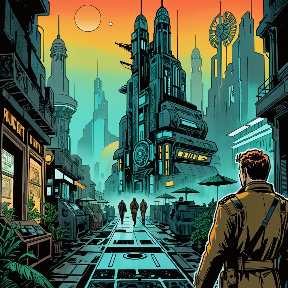 Blade Runner. Futuristic city where a man is following a group. 