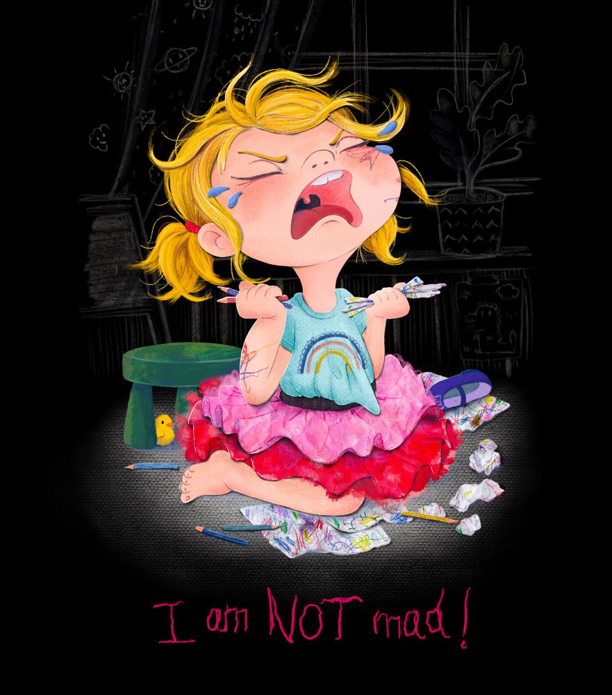 A whimsical illustration of a young girl in a vibrant pink tutu skirt and a light blue tank top with a rainbow design. She is sitting on the floor, crying loudly, with tears streaming down her flushed cheeks, while clutching a handful of colored pencils in both hands. Scattered around her are crumpled drawings and more pencils, hinting at a frustrating artistic meltdown. Behind her, a cozy room setting is sketched faintly in grayscale, featuring a small green stool, a houseplant, and a window with doodled rain clouds and planets. Below the image, the phrase “I am NOT mad!” is written in childlike, bold pink handwriting, adding humor and irony to her dramatic tantrum.