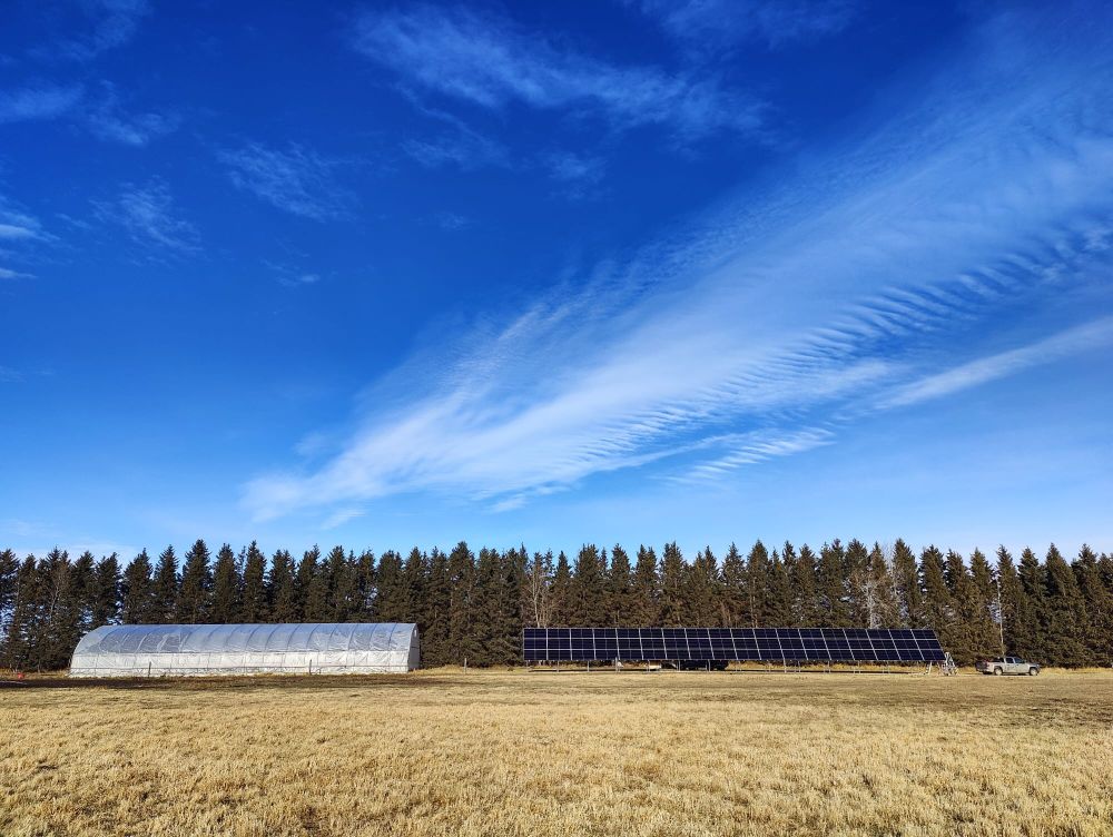 Landscape photo of a solar array beside a greenhouse