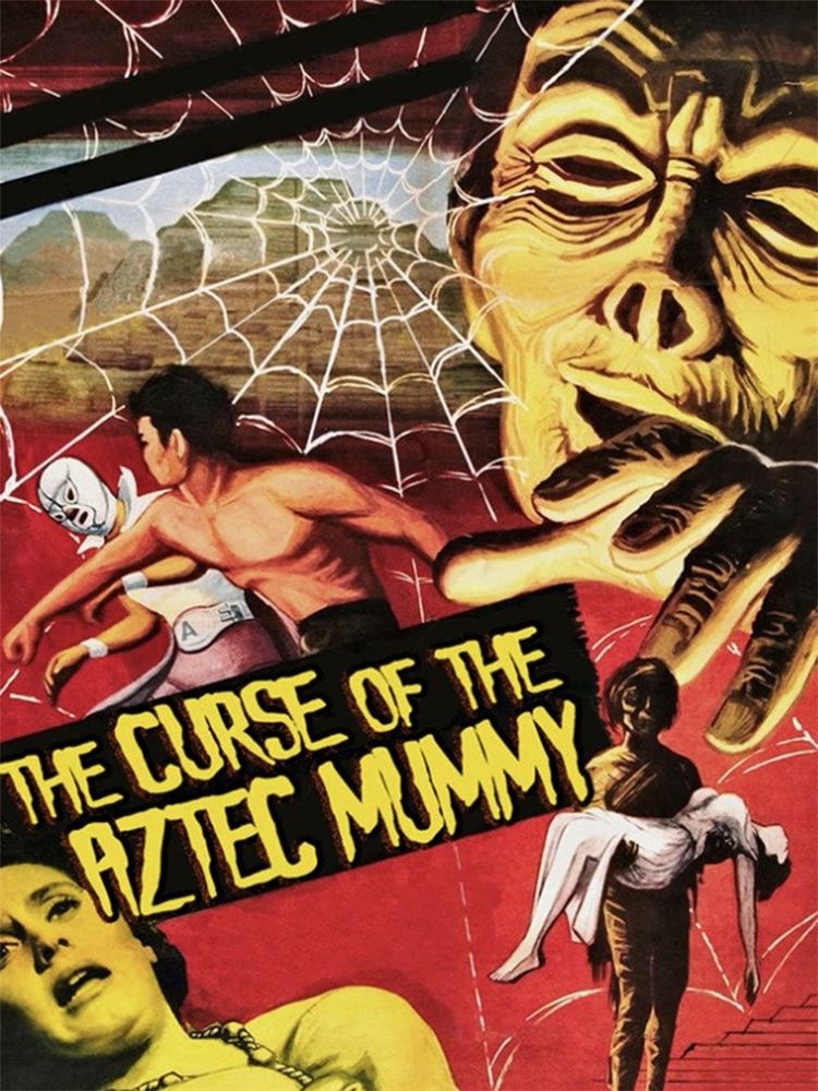 The poster for the Curse of the Aztec Mummy, a Mexican horror film from  1957, features a somewhat disjointed collage of scenes that don't really happen in the movie as depicted. The elements are connected by a spider web as a backdrop, so I guess it's fair to say all these random scenes got caught in the web. 