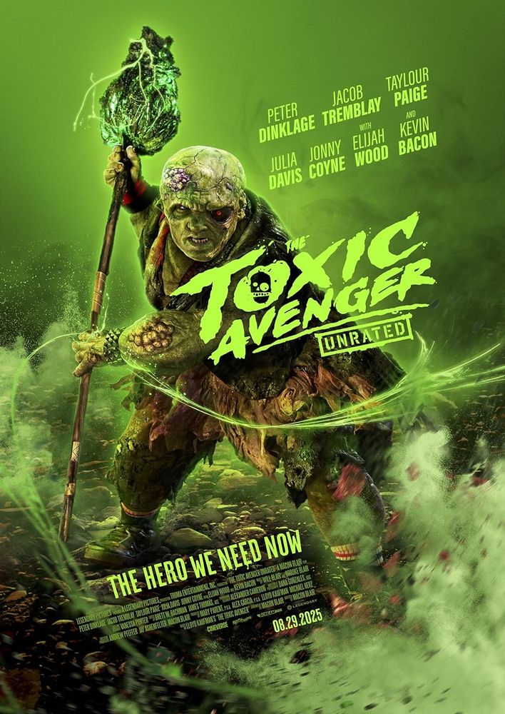 The movie poster for the Toxic Avenger remake depicts the diminutive title character waving his radioactive mop around in a haze of green toxic vapor.