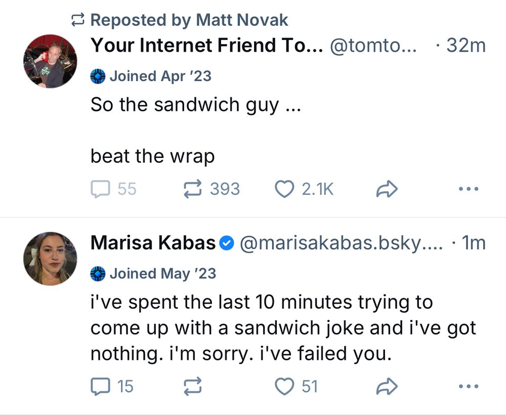 This post, below another one that reads “So the sandwich guy… beat the wrap”