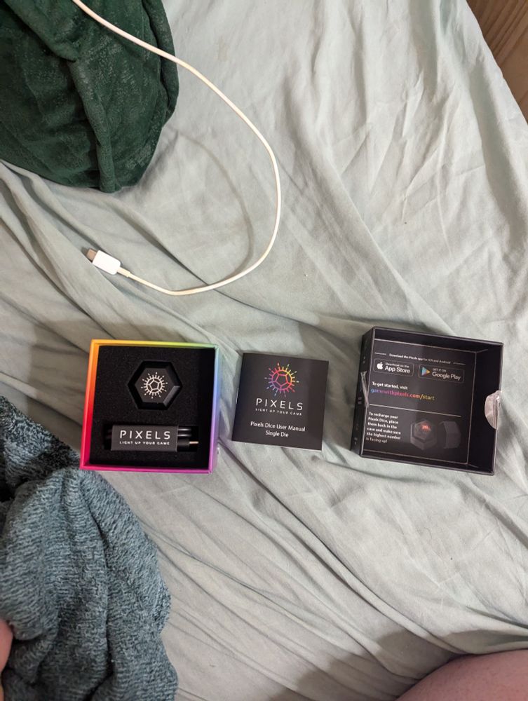 The opened box containing the pixels instructions, charge cable, and charge case holding a pixels d20
