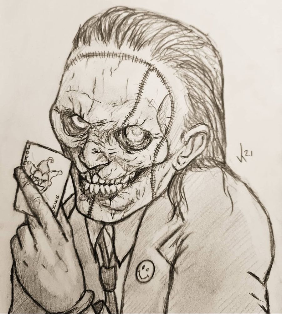 A characterful picture of the Joker, drawn in pencil. His face is corpse like, with stitches all over as though his face is stitched on. He is holding a Joker card in front of his face and giving a sinister but demure expression. 
