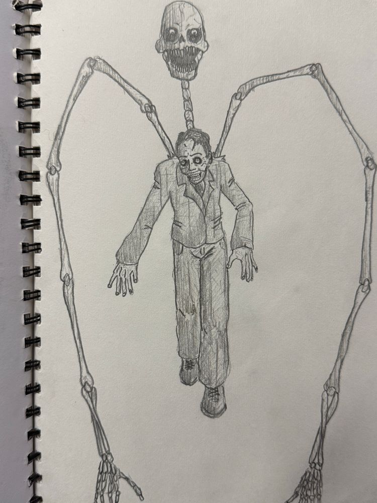 A pencil drawing of a deathly man in a suit with an extra giant skull above his head and two extra long skeletal arms that are lifting him off the ground.  