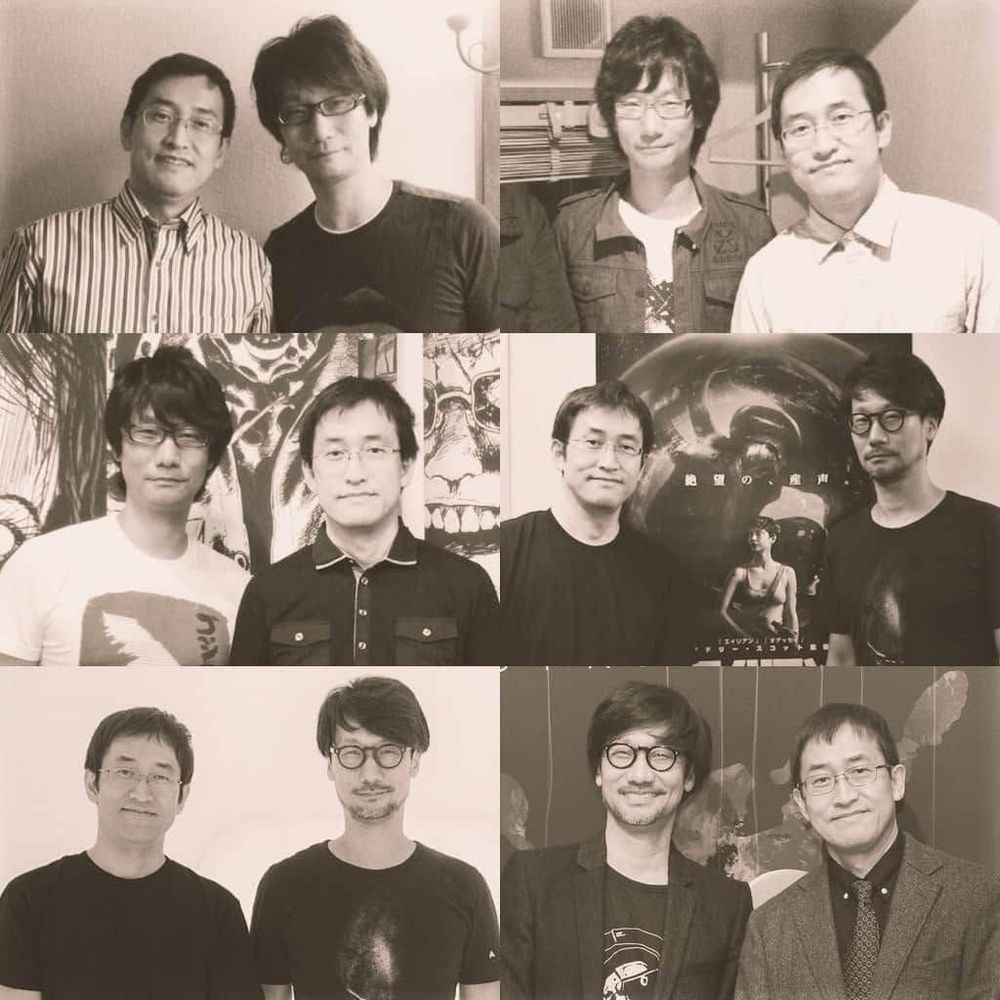 A photo montage of sepia toned black and white pictures of Junji Ito and Hideo Kojima